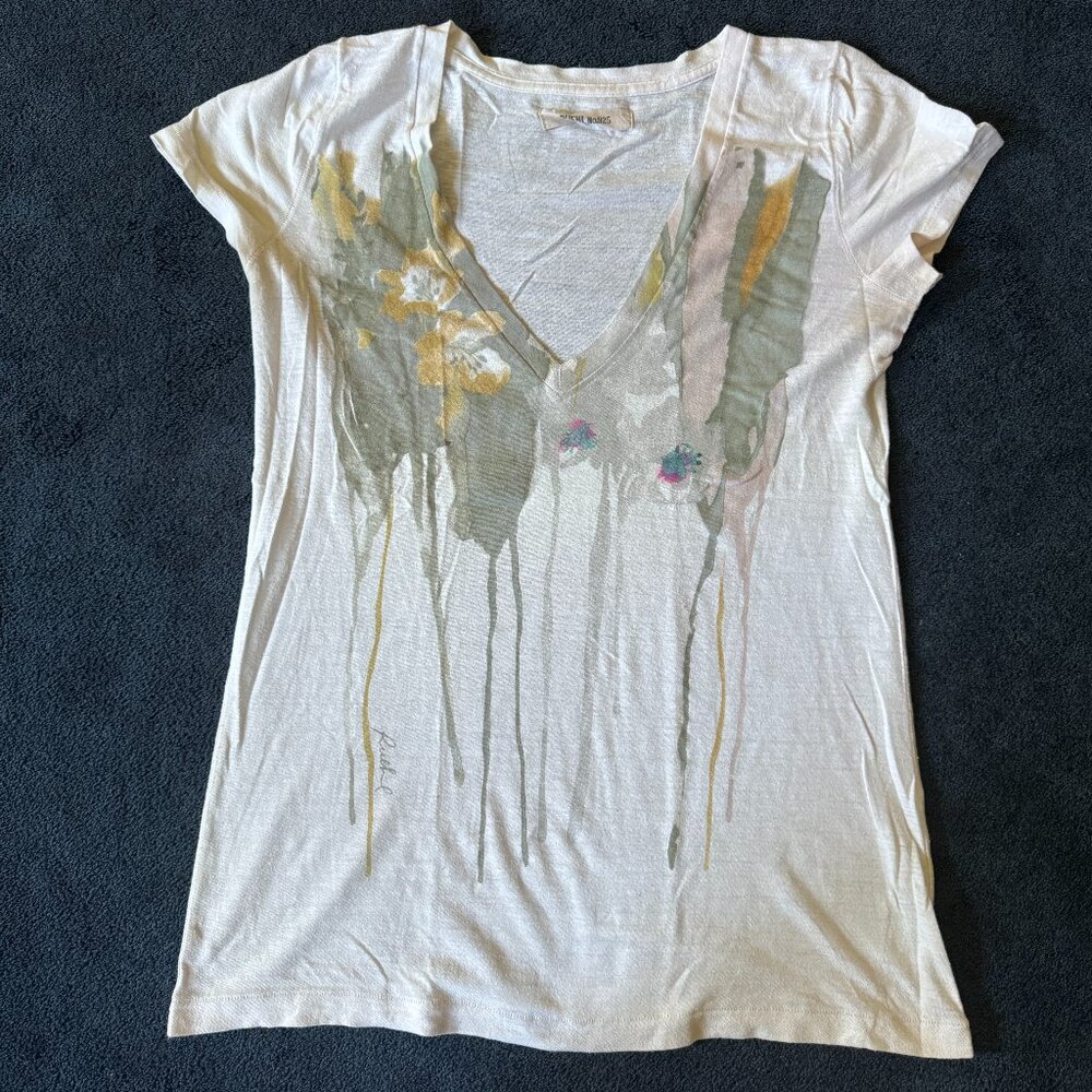 🌸 RARE Ruehl Floral Drip V-Neck Tee by Deletta – Artsy & Lightweight Sz L